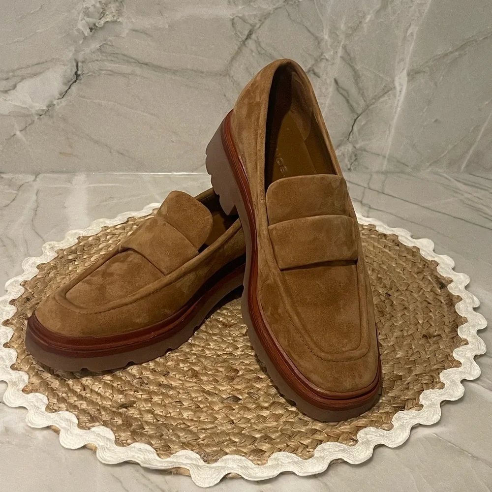 NWOT Vince Robin Suede Penny Loafers Lug Sole in Fawn! - Picture 1 of 6